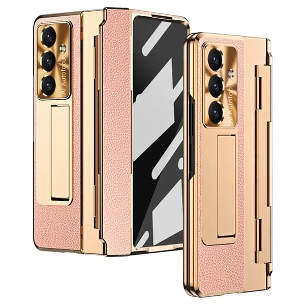 Mobilskal till Galaxy Z Fold7 5G läder + PC Kickstand - Guld+Rosa Guld