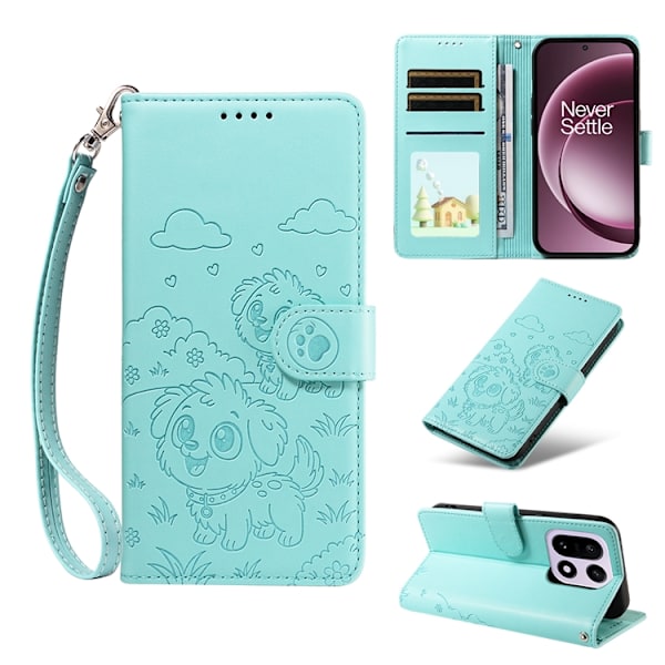 OnePlus 15 Konstläder Plånboksfodral RFID-Skydd Imprinted Dog Pattern Grön