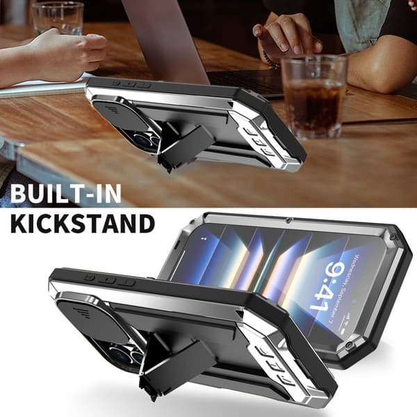 R-JUST Mobilskal till iPhone 16 Plus Kickstand Silikon+Metal+PC Silver