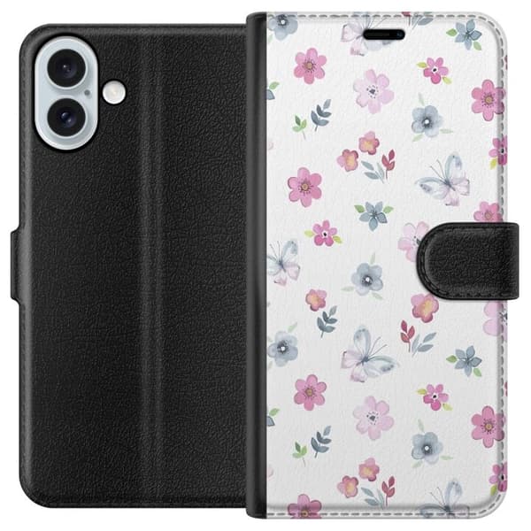 Apple iPhone 16 Plus tegnebog med blomster og sommerfugle