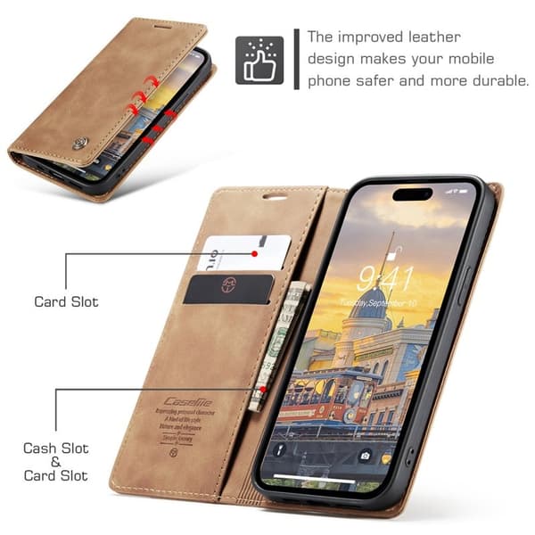 CASEME 013 iPhone 15 Pro Konstläderplånboksfodral Ställ - Brun