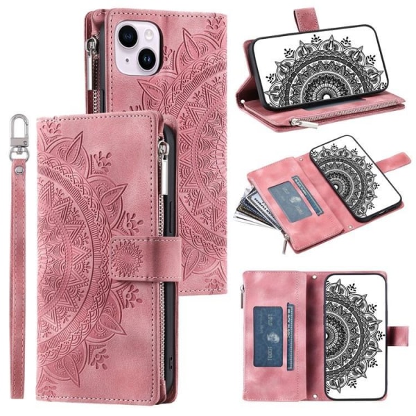 iPhone 15 Plus Plånboksfodral Mandala Flower Imprinted - Rosa Gu