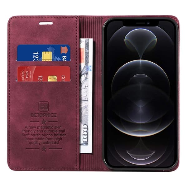 BETOPNICE 003 iPhone 12 Pro Max Plånboksfodral Konstläder - Röd