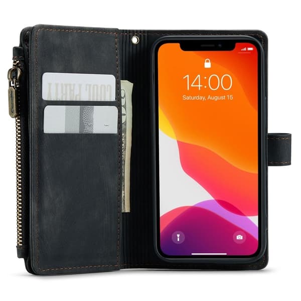 CASEME Konstläder Plånboksfodral för iPhone 12 mini med Rem och Kortfack - Svart