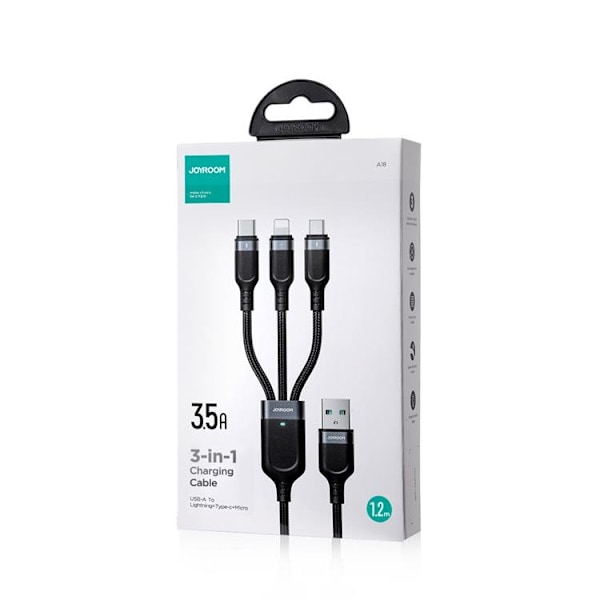 Joyroom 3in1 USB-A till USB-C, Lightning, microUSB kabel 1.2m Svart
