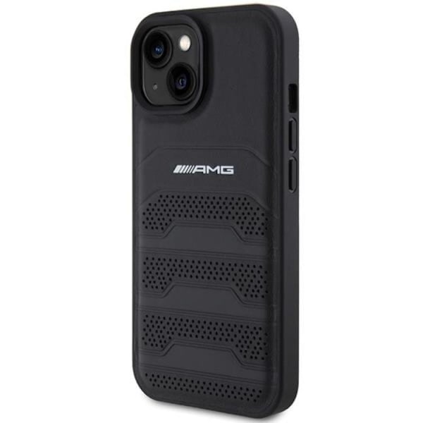 AMG iPhone 15 Plus Mobilskal Læder Debossed Lines - Sort Black