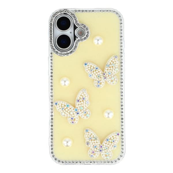Mobilskal till iPhone 17 Rhinestone Edge Pearl Butterfly Gul