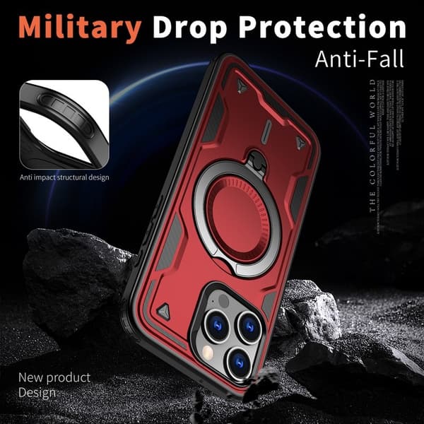 iPhone 15 Pro Max Skal Plast Militärt Skydd Kickstand - Röd