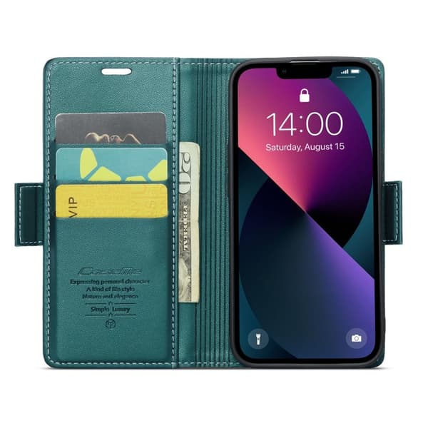 CASEME iPhone 14 Plånboksfodral Konstläder RFID-Skydd 3 Kort Grön