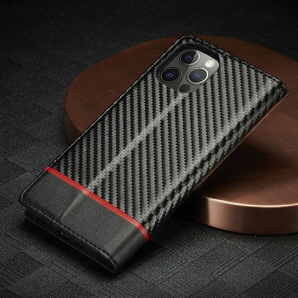 LC.IMEEKE iPhone 12 Pro Max Plånboksfodral i Konstläder - Röd rand