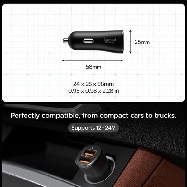 Spigen Essential Billaddare EV302 2-Portars 30W - Svart Svart