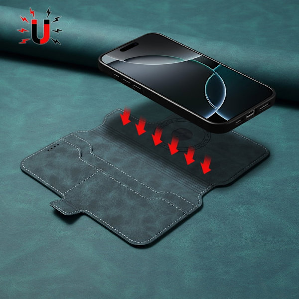 DENIOR B06 iPhone 16 Pro Max Plånboksfodral Konstläder + TPU - Blå