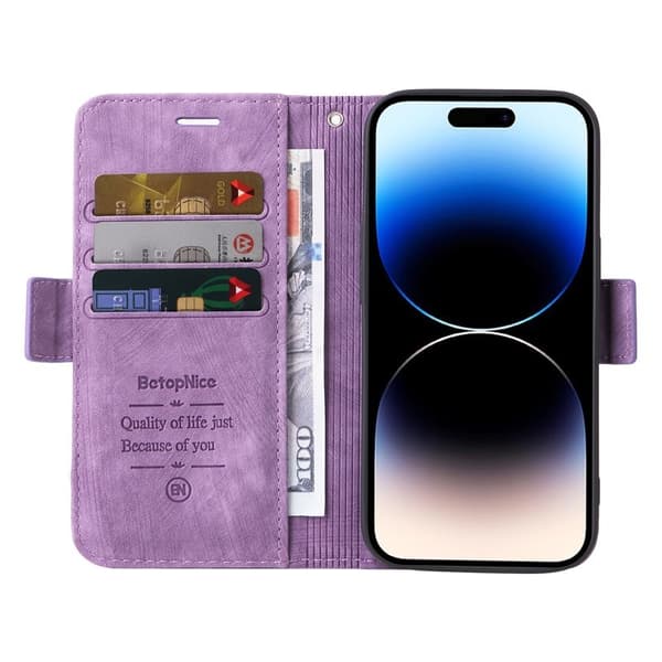 BETOPNICE 001 iPhone 15 Pro Konstläder Plånboksfodral Multifunktionellt - Lila