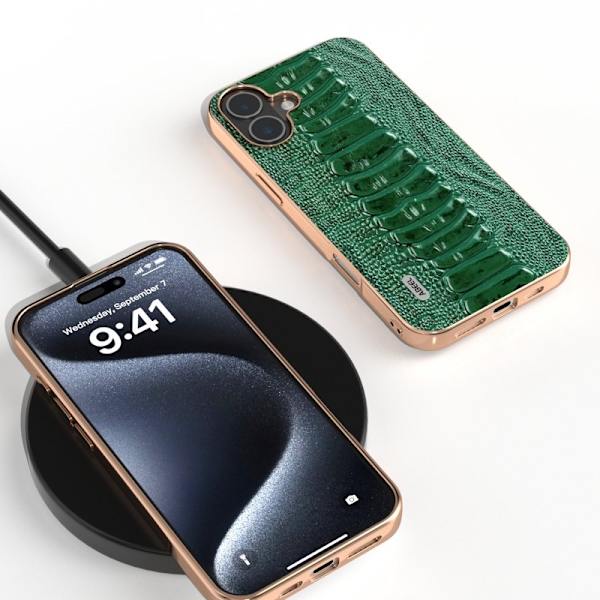 ABEEL Mobilskal till iPhone 16 Electroplating Äkta Läder Grön