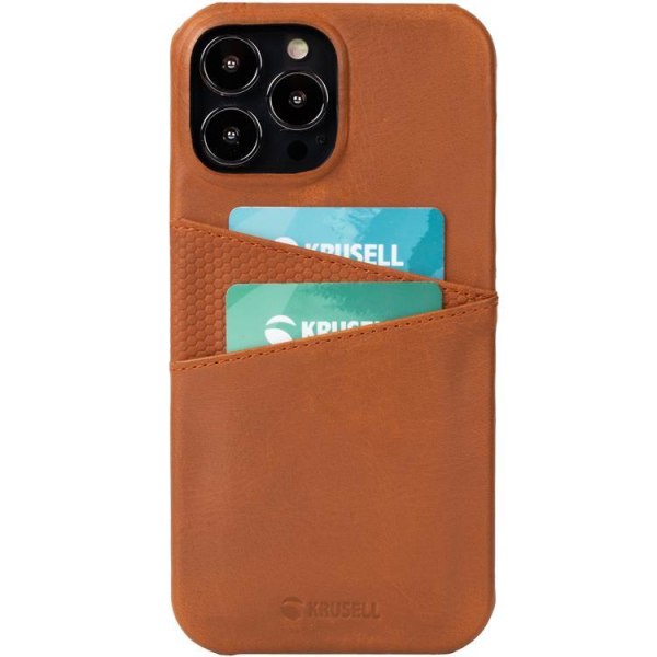Krusell iPhone 13 Pro Case -korttikotelo aitoa nahkaa - konjakkia