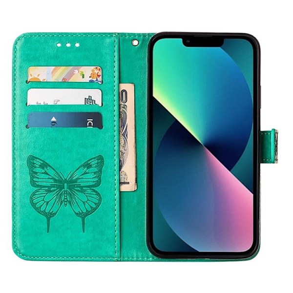 iPhone 14 Plånboksfodral Butterfly Flower Imprinted - Grön