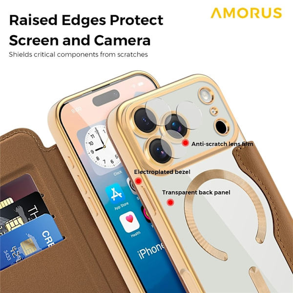 AMORUS iPhone 17 Pro Plånboksfodral MagSafe RFID-Skydd - Brun Brun