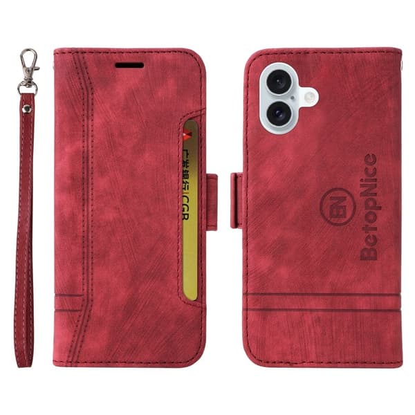 BETOPNICE 001 iPhone 16 Plus Plånboksfodral Ställ Card Slots Konstläder - Röd