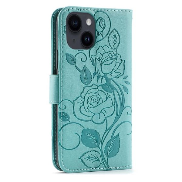 iPhone 14 Plus Plånboksfodral Imprinted Roses - Turkos Turkos