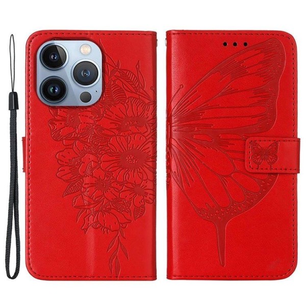 iPhone 14 Pro Max tegnebog etui Butterfly Flower Imprinted - Rød