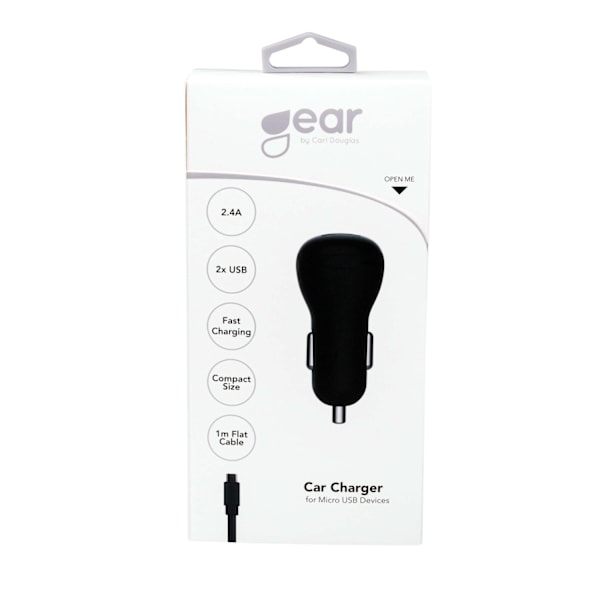 GEAR Oplader 12-24V 2xUSB 2,4A Sort MicroUSB Kabel flad 1m Black