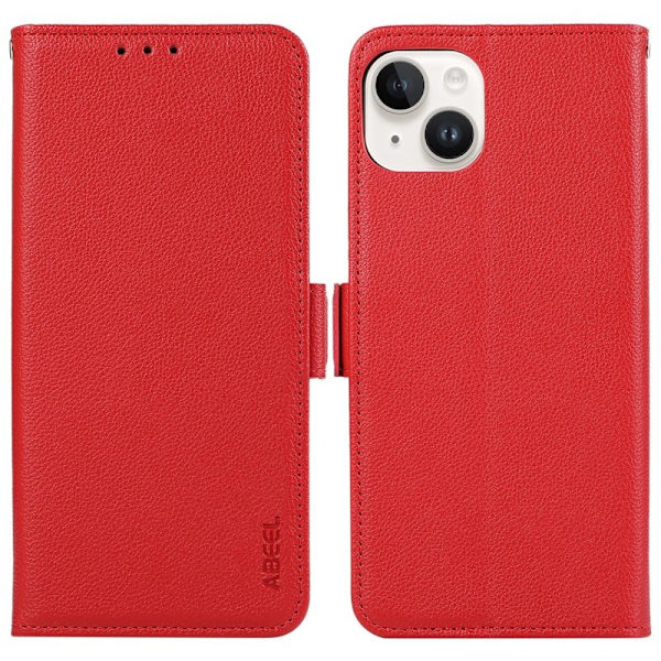 ABEEL iPhone 15 Plus Plånboksfodral Konstläder RFID-Skydd Litchi Röd