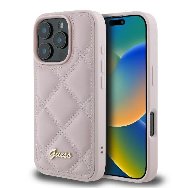 Guess Mobilskal till iPhone 16 Quilted Metal Logo - Rosa Rosa