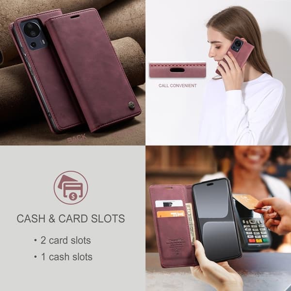 CASEME 013 Series Xiaomi 13 Lite Plånboksfodral Ställ Konstläder Vinröd