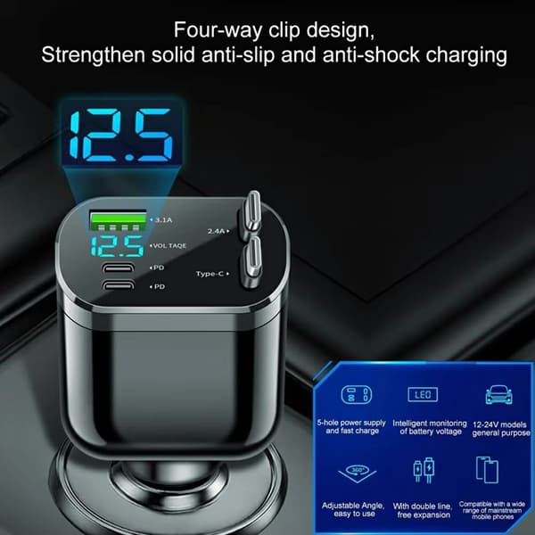 5in1 Billaddare USB-A - 2x USB-C med Dual Indragbar Kabel LED Svart