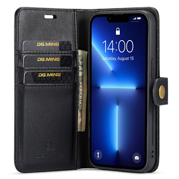 DG.MING iPhone 14 Pro Max Plånboksfodral Magnetiskt Äkta läder Svart
