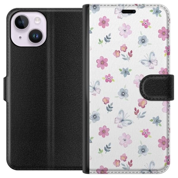 Plånboksfodral till Apple iPhone 14 med Blommor och fjärillar
