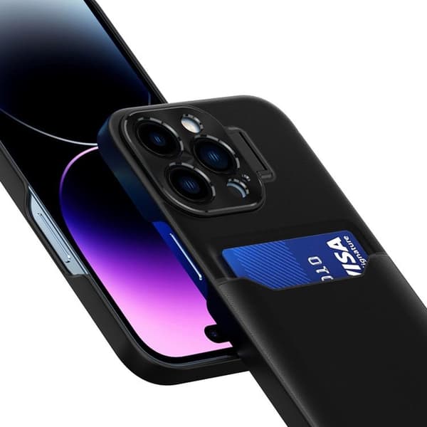 iPhone 14 Pro Max -kotelo korttipidikkeellä Nahkainen Kickstand - Musta Black