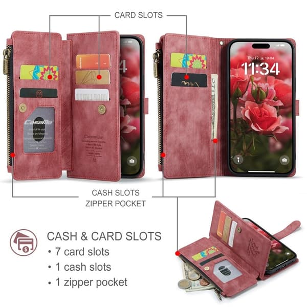 CASEME C30 Plånboksfodral till iPhone 16 Plus med rem, röd Konstläder