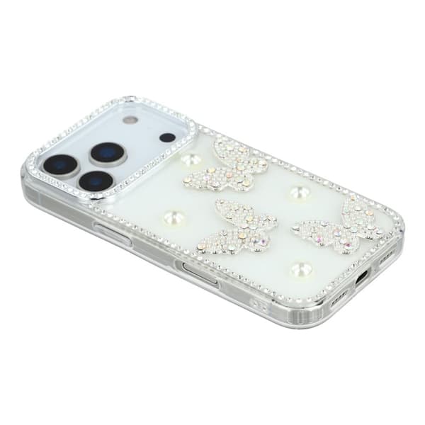 Mobilskal till iPhone 17 Pro Rhinestone Edge Pearl Butterfly Vit