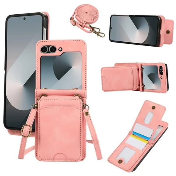 Galaxy Z Flip 7 Plånboksfodral Kickstand med Axelrem - Rosa Rosa