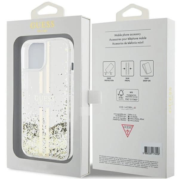 Guess iPhone 15/14 Plus Flydende Glitter Guldstriber Taske Transparent