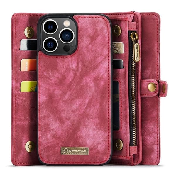 CASEME 2-in-1 Plånboksfodral i TPU + Konstläder för iPhone 13 Pro Max - Röd