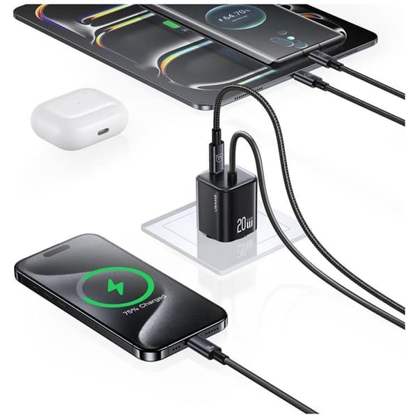 USAMS Hurtigoplader 20W 2xUSB-C GaN Mini JC - Sort Svart