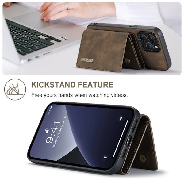 DG.MING iPhone 16 Pro Konstläder Plånboksfodral Kickstand Brun