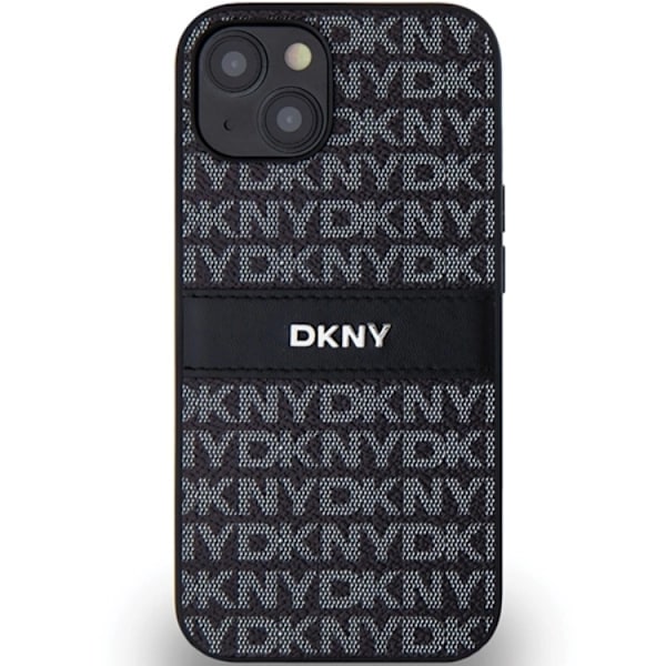 DKNY iPhone 15/14 Plus Mobilskal Läder Mono Stripe & Metal Logo Svart