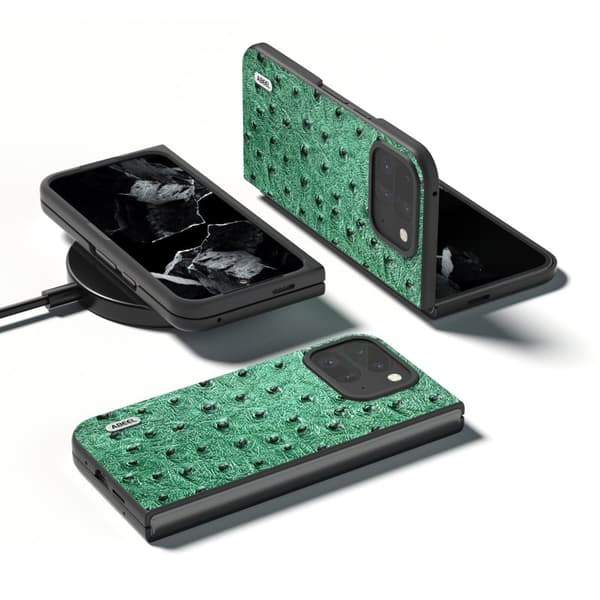 ABEEL Mobilskal till Google Pixel 9 Pro Fold 5G Äkta Läder Ostrich Grön