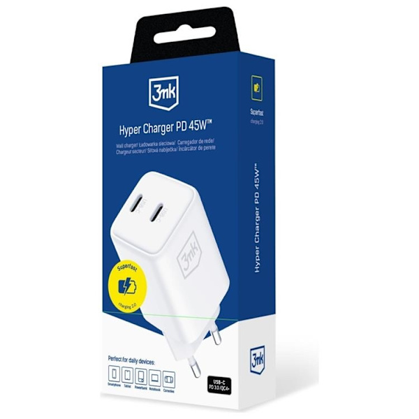 3MK Snabbladdare 45W 2xUSB-C QC4+ PPS 2C Super Fast - Vit Vit