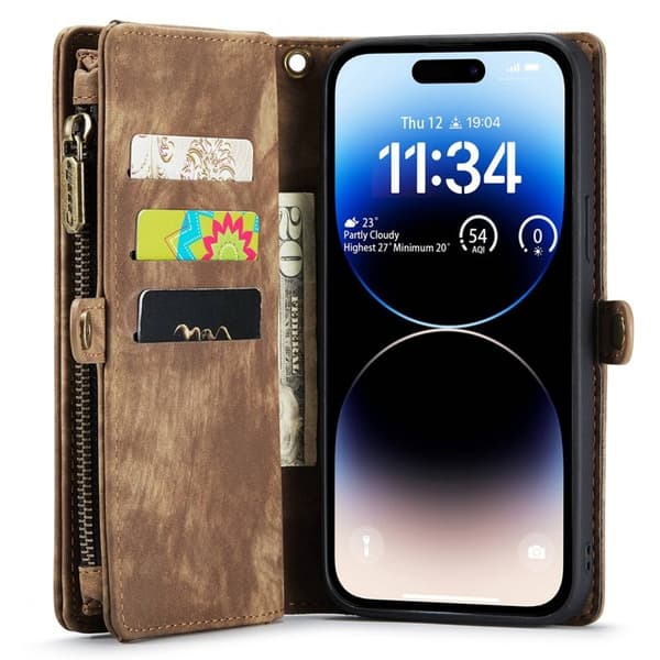 CASEME 008 Series iPhone 14 Pro Plånboksfodral Konstläder Brun