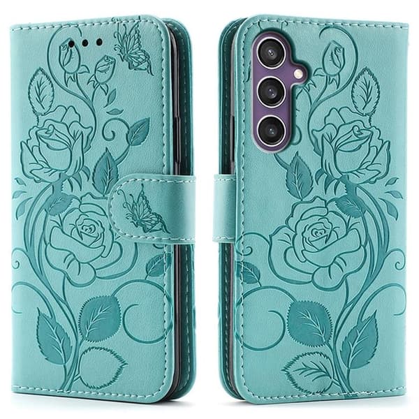 Galaxy S26 Konstläder Plånboksfodral Imprinted Rosa Butterfly - Grön Grön