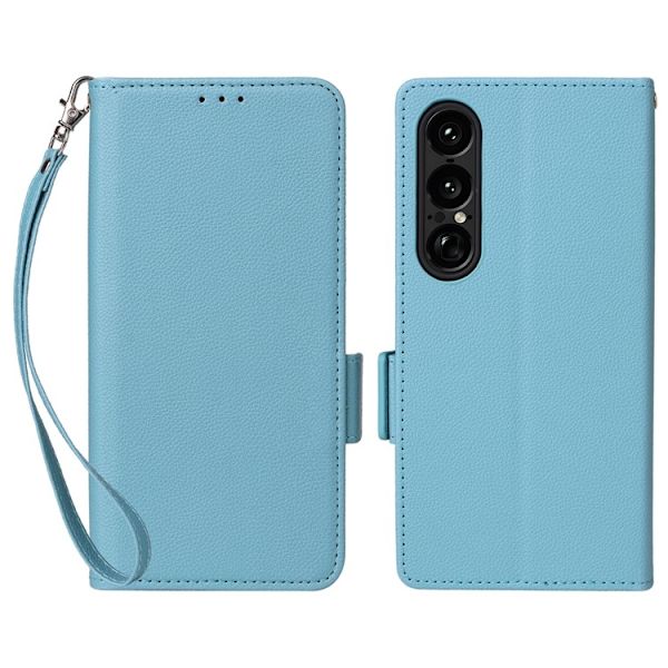 Sony Xperia 1 VII Plånboksfodral Litchi Texture Med Rem Blå