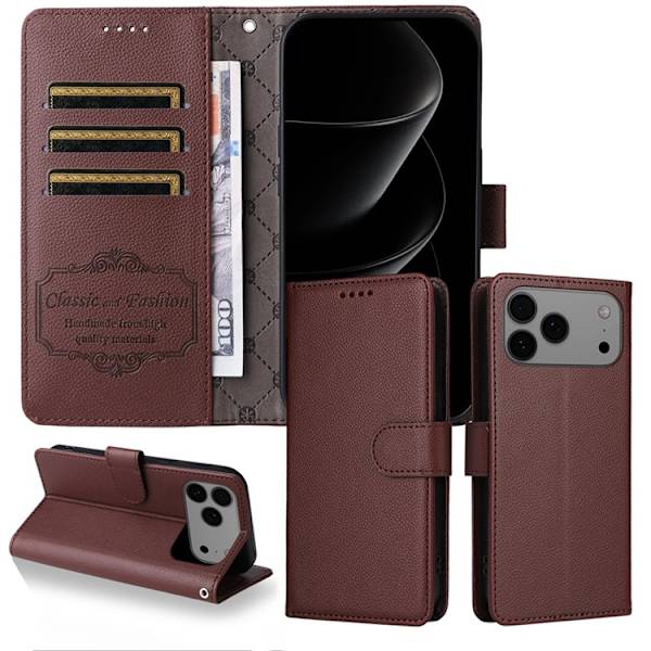 iPhone 17 Pro Max Plånboksfodral RFID Blocking med Handledsrem Brun