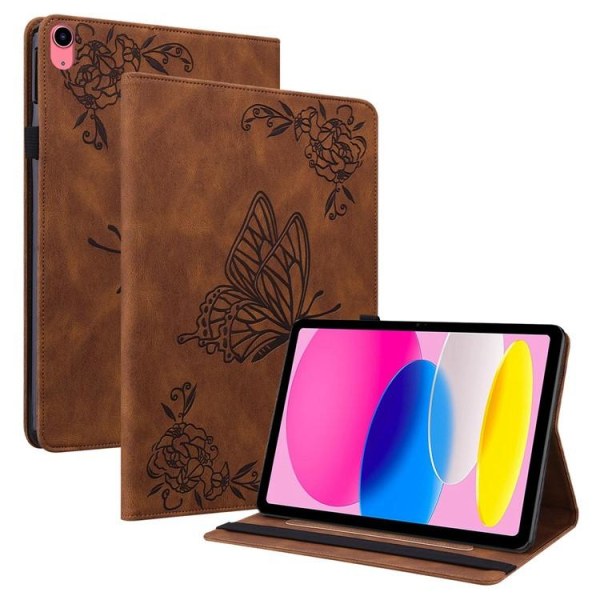 iPad 10.9 (2022) Cover Butterfly Flower Imprinted - Brun