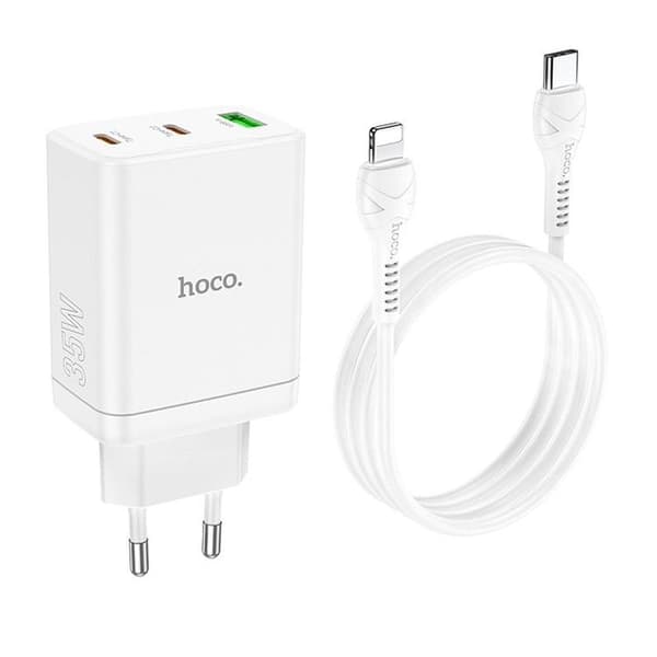 Hoco Vægoplader 35W 2xType C - USB A med Type-C til Lightning-kabel 1m Vit