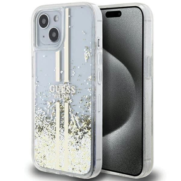 Guess iPhone 15/14 Plus Flydende Glitter Guldstriber Taske Transparent
