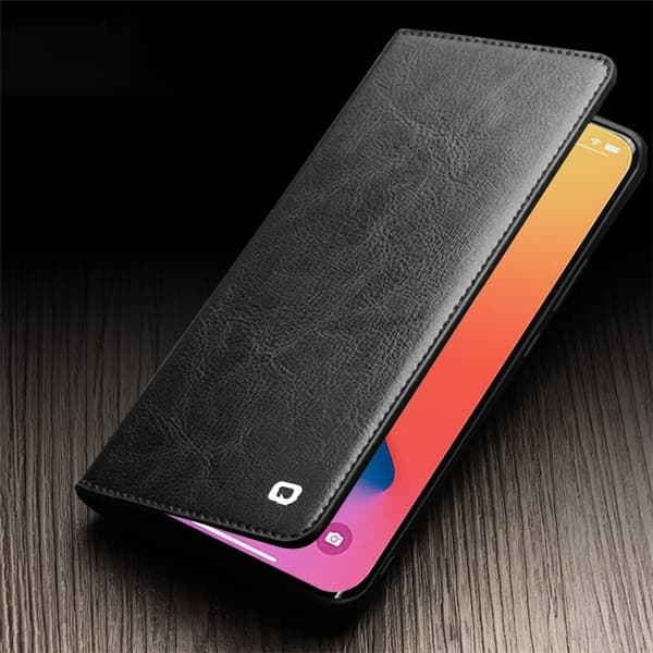 QIALINO iPhone 14 Pro Max Plånboksfodral Äkta Läder Drop Proof Svart